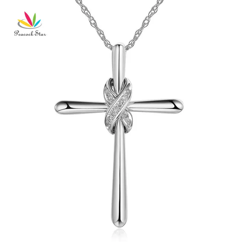 

Peacock Star 14K White Gold Cross Pendant Necklace 0.57 Ct Diamonds