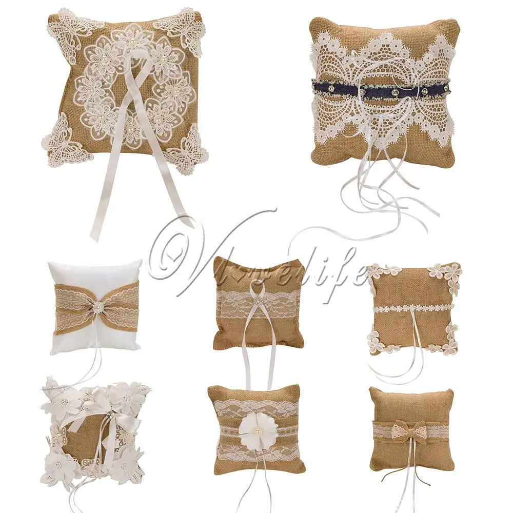 

10Styles 20x20 cm Burlap Wedding Ring Pillow with Lace Satin Ribbons Bow Pearls Bridal Ring Cushion for Wedding Favors Decor