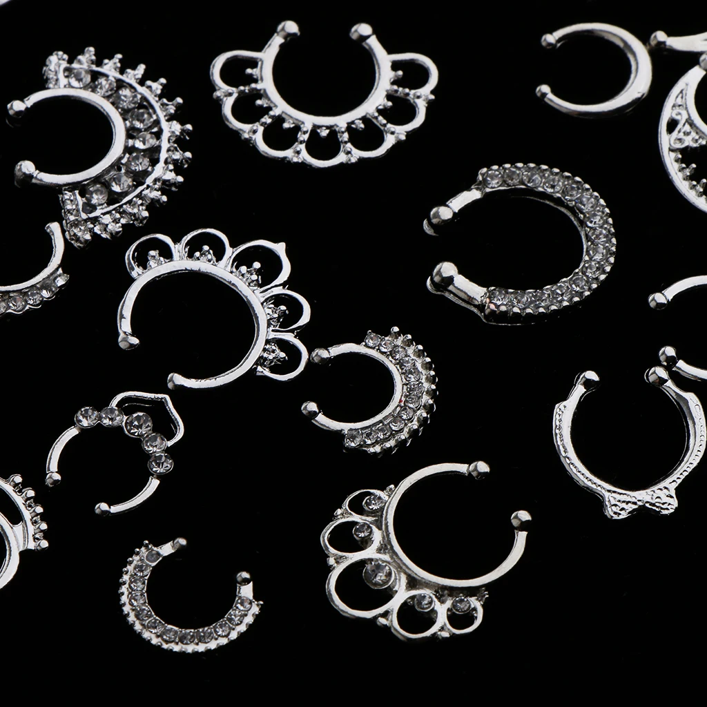 21 Pieces Crystal Fake Septum Clicker Nose Ring Non-piercing Assorted Shape Illusion Piercing Nose Ring Loop