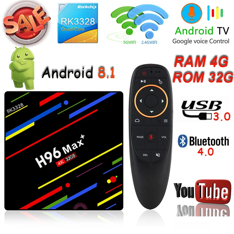 

H96 MAX Plus+ Android 9.0 TV BOX RK3328 Quad Core 4G 32G/4G 64G rom DDR3 4K BT4.0 2.4/5G wifi wish voice control Media Player