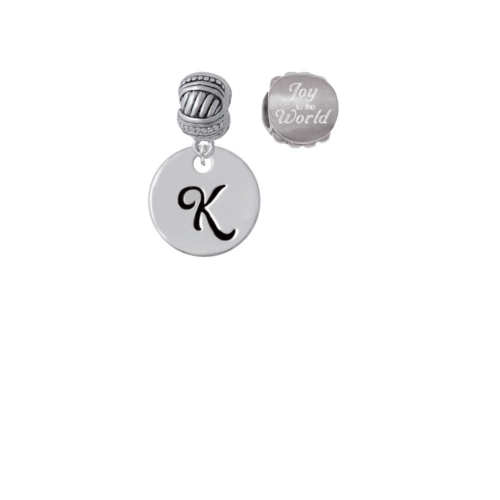 Silvertone Large Script Letter - K - 3/4'' Disc - Joy to the World Charm Beads (Set of 2)