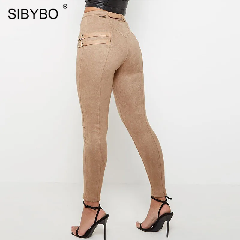 Online SIBYBO Suede Skinny alta cintura Casual Mujer Pantalones moda cinturón hebilla lápiz Pantalones mujer Otoño Invierno Sexy Pantalones mujer 2019
