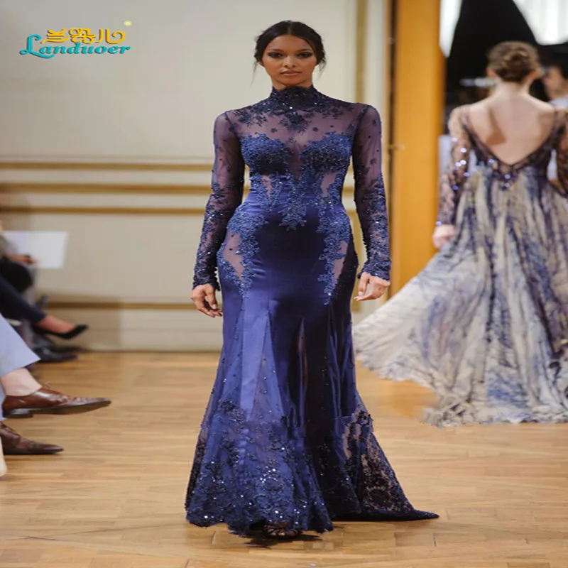 Sexy Mermaid High Neck Evening Dresses Appliques Long Sleeve Prom Gowns