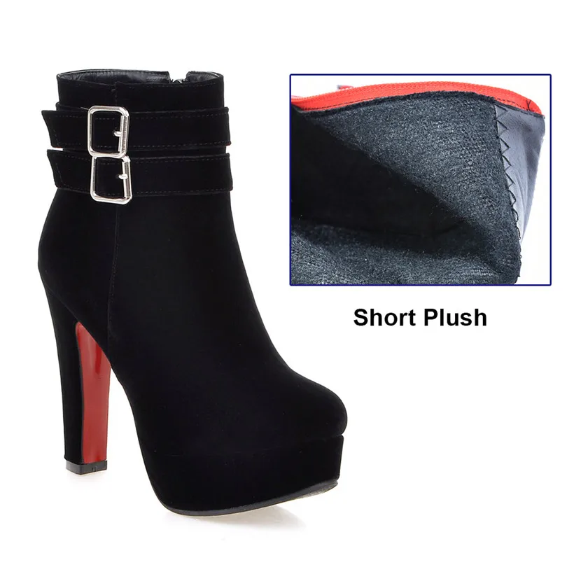 Женские зимние ботильоны на платформе 12 см модные женские красные вечерние ботинки из флока с круглым носком на высоком толстом каблуке-шпильке с плюшевой пряжкой - Цвет: Short Plush Black