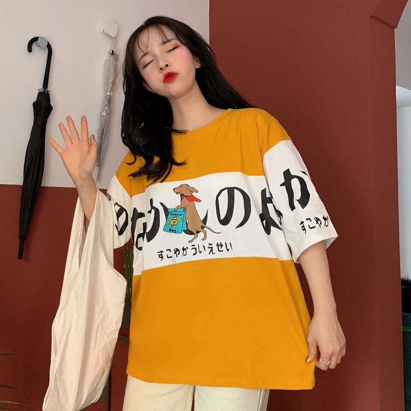 Ulzzang, летние милые японские топы с рисунками из мультфильмов, новинка, Harajuku, женская, три четверти, Корея, большой размер, свободная, повседневная, забавная, хлопковая футболка