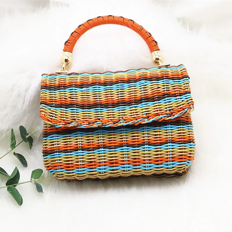 Цветная ротанговая квадратная Соломенная Сумка для женщин, летняя пляжная сумка для отдыха, тканая сумка-корзинка, сумка на цепочке