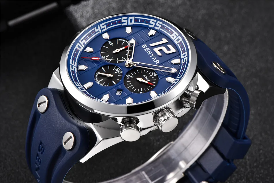 Benyar для мужчин s силиконовые спортивные часы водонепроницаемый хронограф кварцевые часы для мужчин Дата часы Военная Униформа часы Relogio Masculio