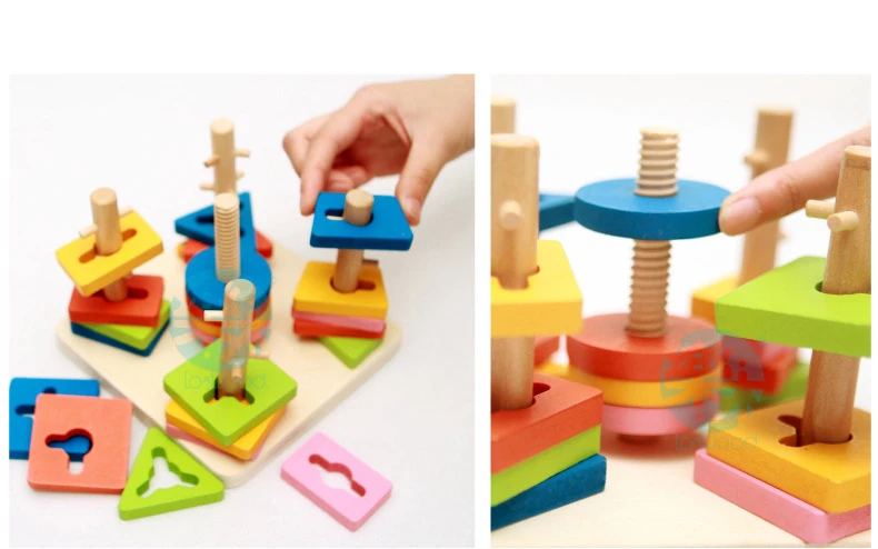 Coloridas de Madeira de Cinco-coluna Forma de Correspondência Bloco de Construção de Brinquedos Educacionais do Bebê Forma de Reconhecimento Crianças Geométrica Conjunto Cor 10 Cheap Brinquedos de encaixar
