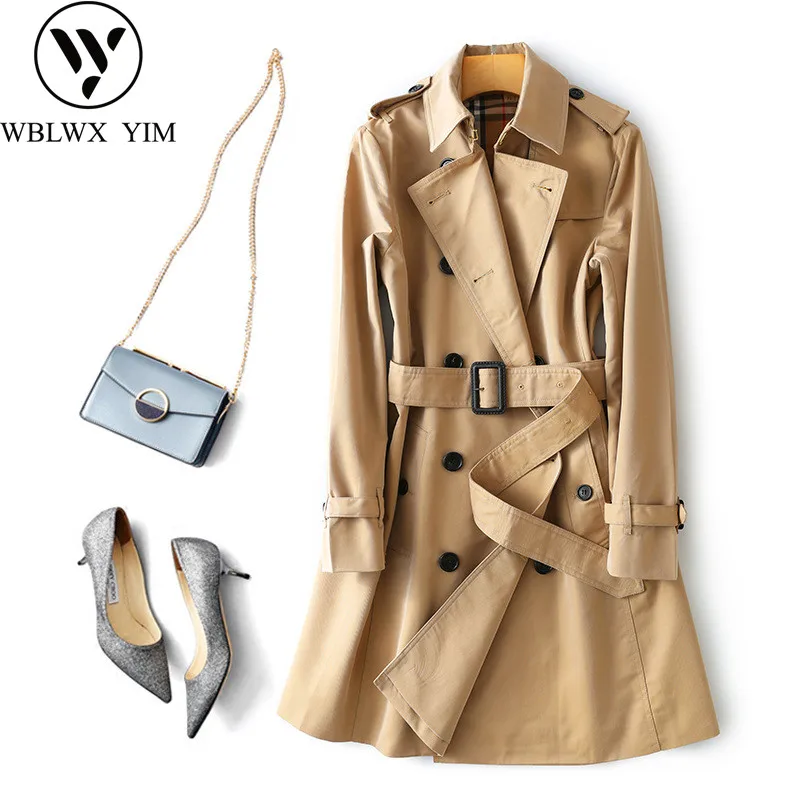 

Fashion England Style Trench coat women Classic Double Breasted Belt Embroidery Long Trench Lady Casual Business Outerwear 2019