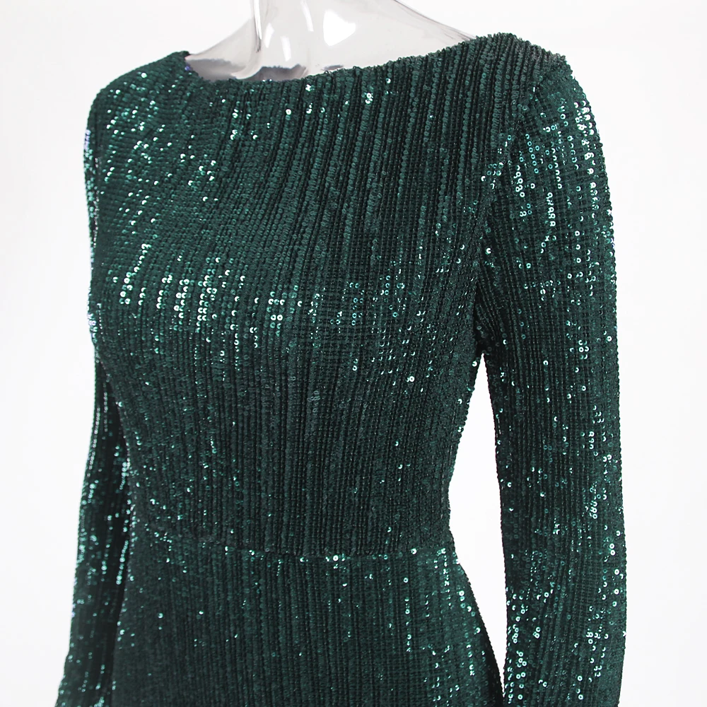 Зеленое Платье с блестками закругленный воротник длинное платье с длинными рукавами тугой элегантное платье для вечеринки эластичный долго длинный сарафан