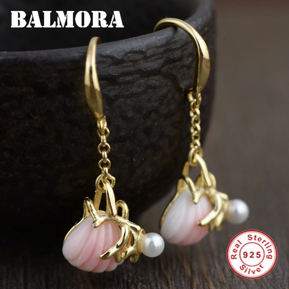 

BALMORA 925 Sterling Silver Simulated Pearl Pink Shell Drop Earrings for Women Lover Gift Earrings Fashion Cute Jewelry SY30866E