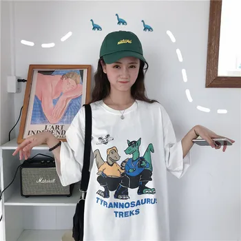 

Dinosaur Cartoon Print T-shirt Punk Tunic Women's Tshirts Japan Kawaii Ulzzang Female Sweet Lovely Harajuku Tshirt For Women