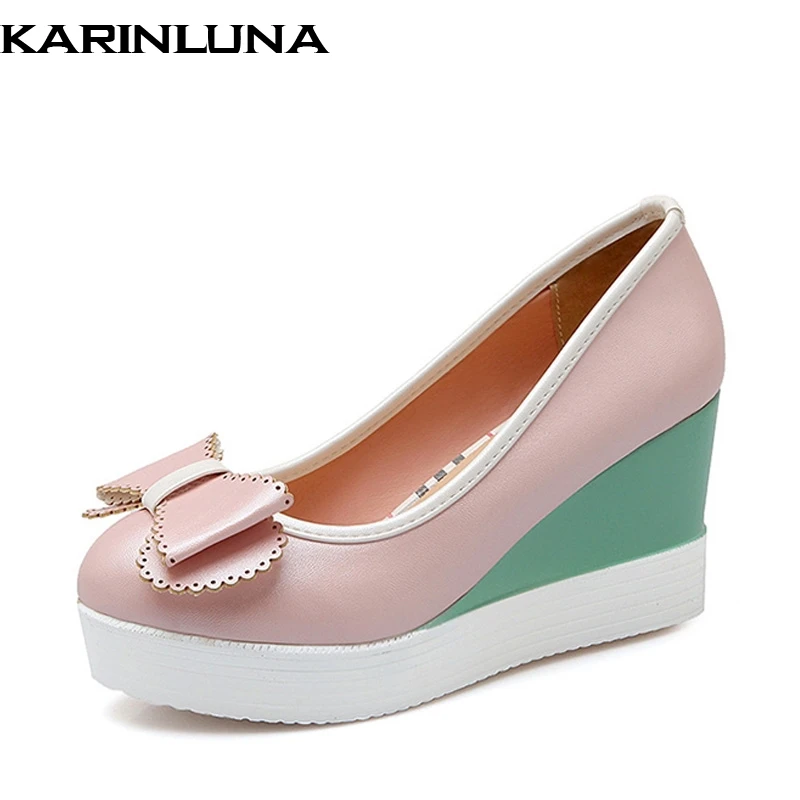 

KARINLUNA 2018 Spring Autumn Hot Sale Fresh Sweet Bowtie Platform Pumps Shallow Slip-On High Wedges Woman Shoes Large Size 33-42