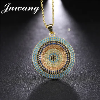 

JUWANG Greece Evil Blue Cubic Zircons Round Charm Necklace For Women Man Long Chain Copper Metal Pendant Necklaces