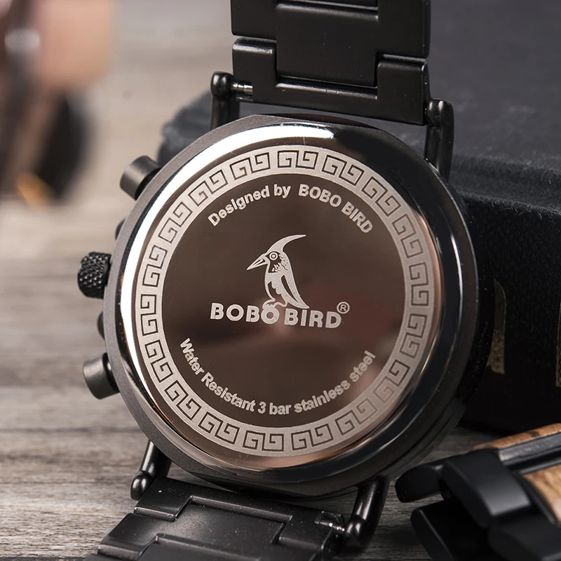 BOBO BIRD Men Watch Wood Chronograph Watches for Man Luxury Design Metal Wooden Idea Gifts Custom Clock Dropshipping C-nR25