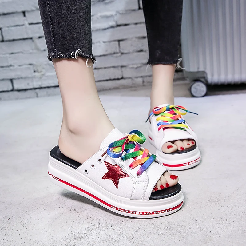

Lucyever 2019 Summer Women Slippers Shoes Beach Flip Flops Women Flat platform Sandals PU Leather Lace Up White Female Shoes