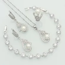 Цветы 925 пробы серебряные ювелирные изделия Белый Кристалл Имитация жемчуга набор украшений для женщин браслет/серьги/Кольцо/кулон/ожерелье