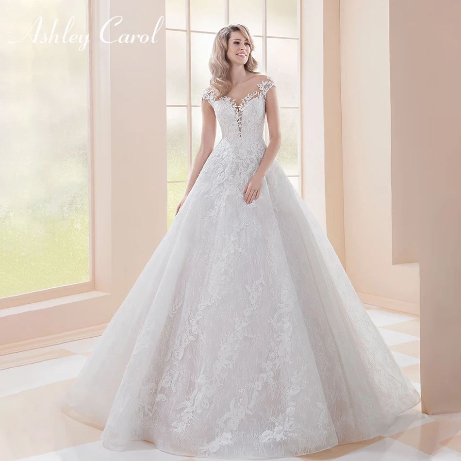 

Ashley Carol Illusion Scoop Short Appliques Lace Wedding Dress 2019 Off the Shoulder Court Train Bridal Gown Vestido de Noiva