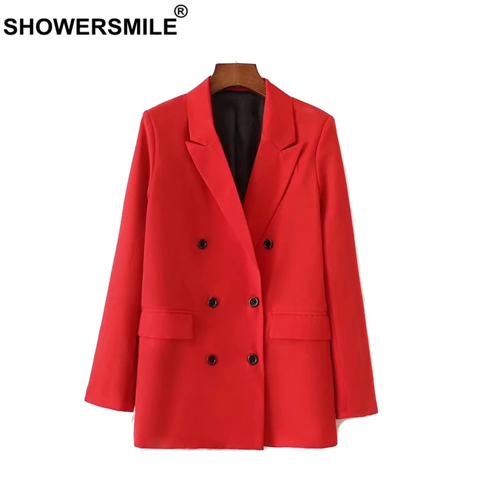 

SHOWERSMILE Red Blazer Women Long Sleeve Loose Double Breasted Blazer Coat Female Ladies Collared Spring Jacket Coat Outwear
