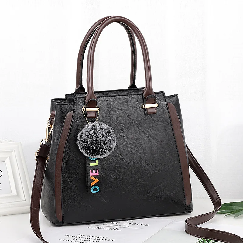 

New Leather Women's Handbag Office Ladies Shoulder Bag Fashion Retro Hairball Leather Messenger Satchel Bags Large Tote Hand Bag