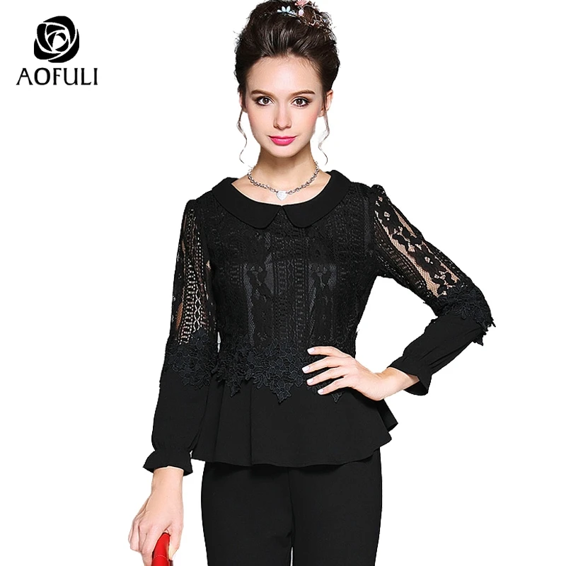 AOFULI M/L/XL весенние кружевные блузки с цветочным рисунком длинным рукавом