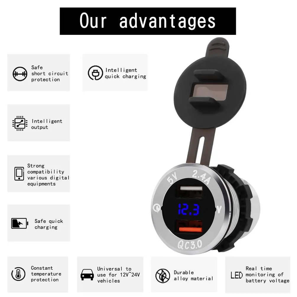 ZH-750D11 شاحن سيارة ذكي الألومنيوم سيارة الهاتف شاحن شاشة ديجيتال Qc3.4 سريع تهمة المزدوج Usb اثنين في واحد