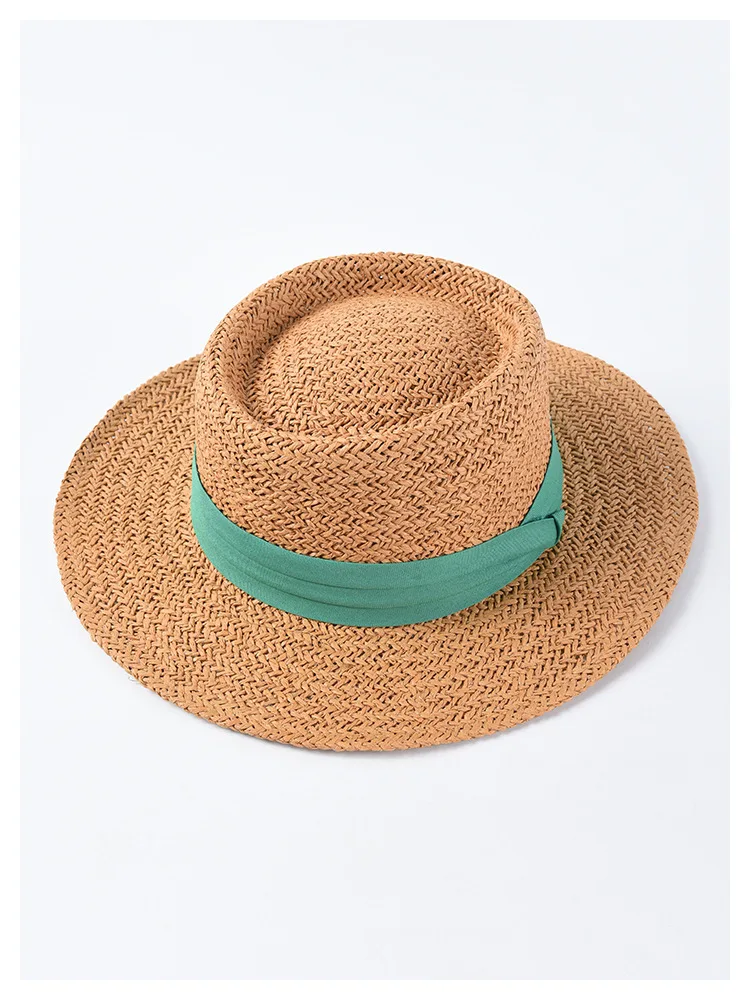 Новая Соломенная пляжная шляпа ручной работы для женщин, летняя Праздничная Панама, модная вогнутая плоская Солнцезащитная козырьковая шляпа