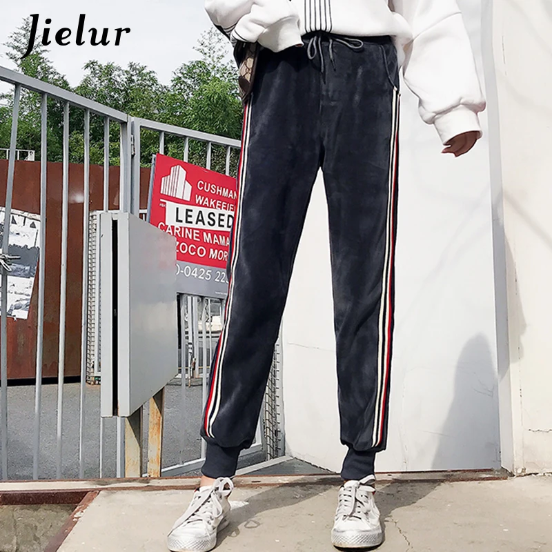 Jielur толстые золотые велюровые брюки для женщин зимние новые свободные полосы