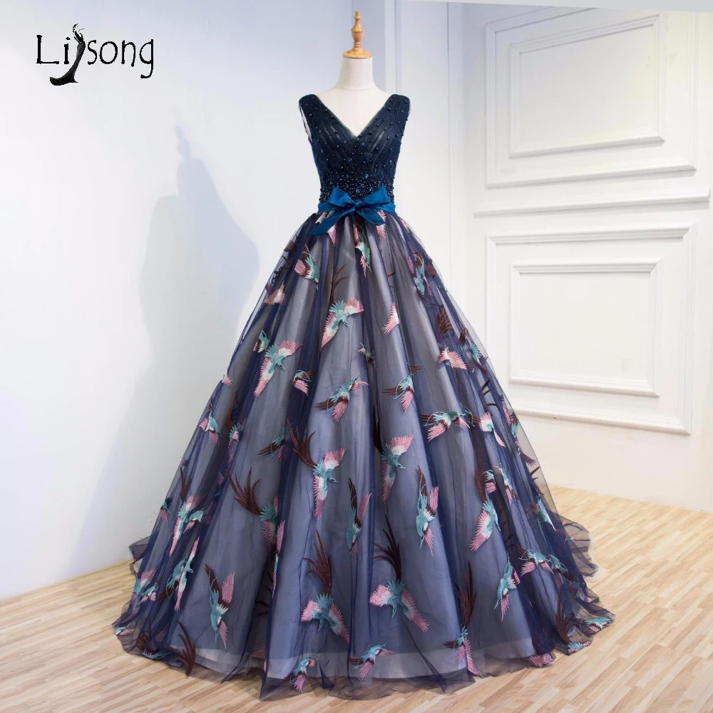 Elegante Appliques Abendkleider Vögel Marineblau Abend Formale Elegante Appliques Abendkleider Vögel Marineblau Abend Formale