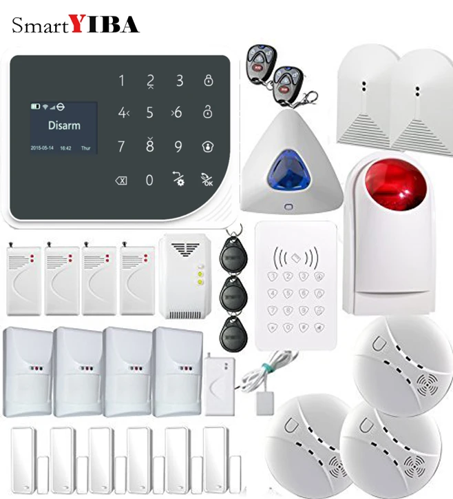 

SmartYIBA APP Password Keypad Control Alarm System Kits WIFI GSM GPRS Alarm+Pet Immunie PIR Shock Sensor Smoke Gas Alarm Kits