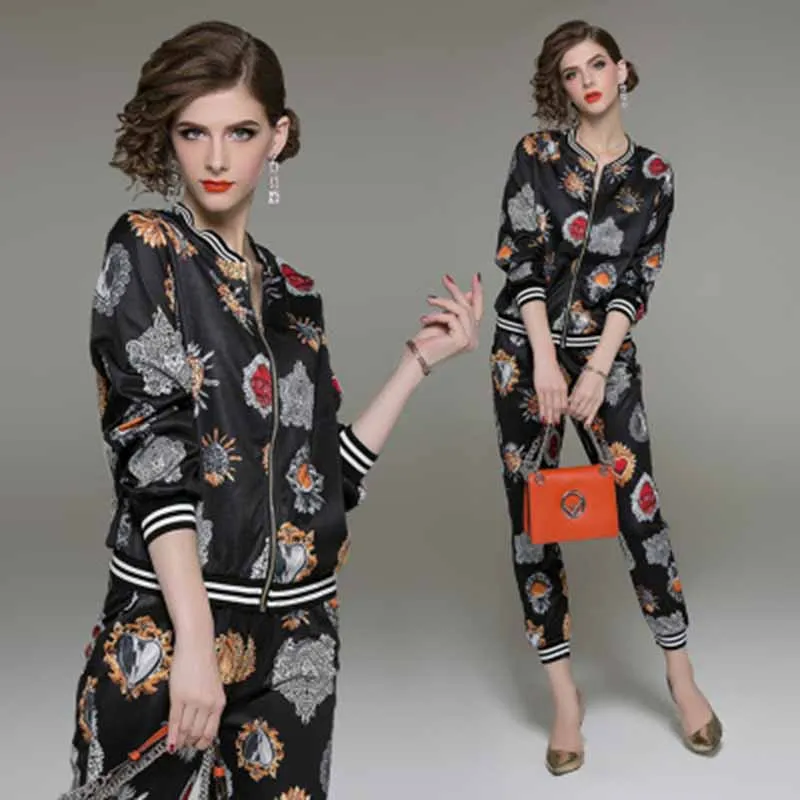 

2019 New fashion autumn elegant women vintage party runway print short Jackets coat + pants Print Thin 2 pieces sets