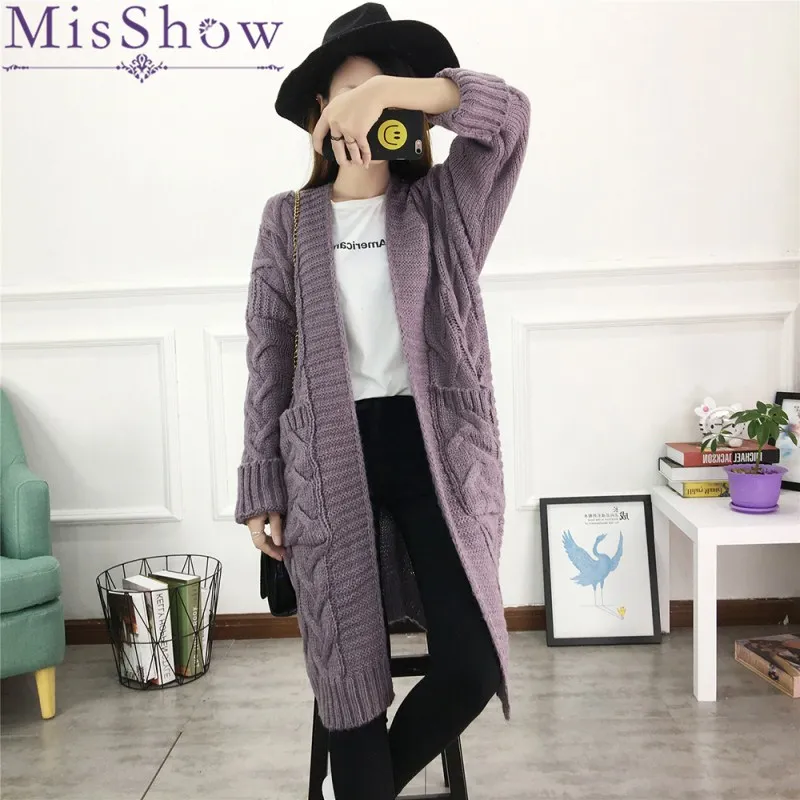 

MisShow Autumn Winter Cardigan Sweater Women Open Stitch Loose Long Sleeve Sweaters Thick Twist Knitted Female Long Cardigans