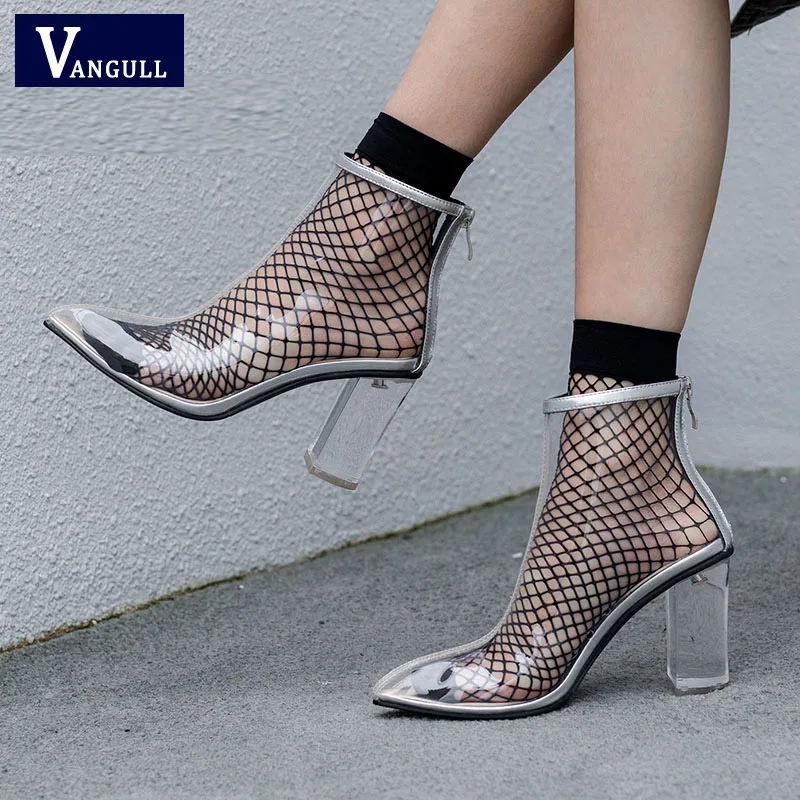 

2019 Spring New Transparent Boots Clear Chunky heels Mujer Square heel Women Boots Lady Sexy Party Summer Boots Lace Up boots