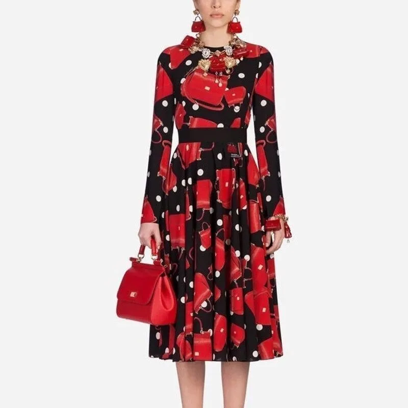 

2019 High Quality Fashion Designer Runway Summer Dress Women's Vintage Long Sleeve Polka Dots Printed Red Bag Pleated Long Dress