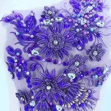 Трехмерный цветок фиолетовый кружева аппликация с пришить бусины, стразы отделка патчи 38*23 см для платья аксессуары