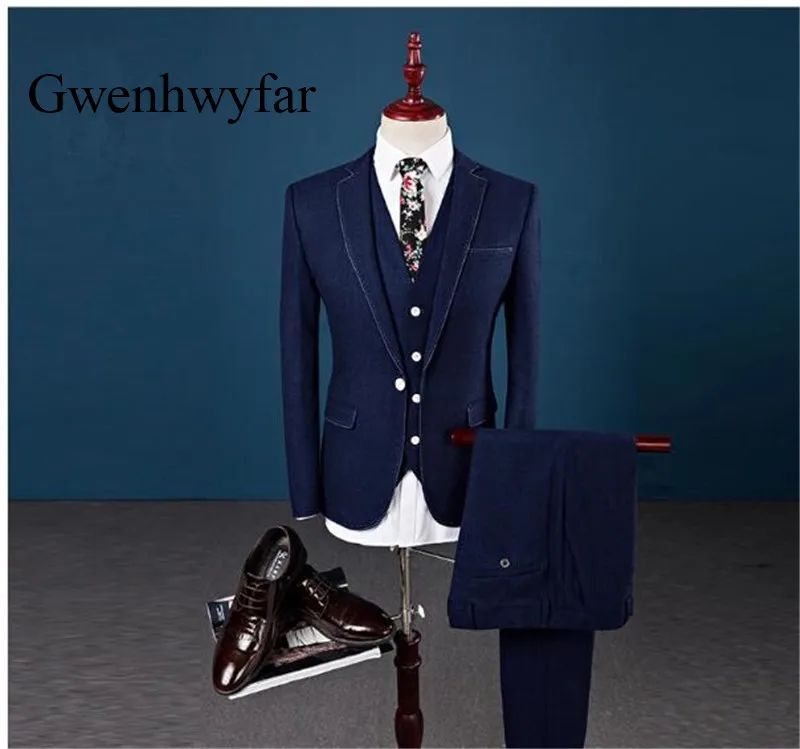 Buy Gwenhwyfar Navy Blue Young Men Suits (Jacket+Vest