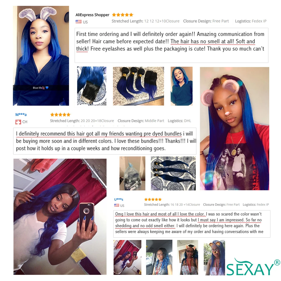 SEXAY Blue Hair 3 Bundles With Closure One Pack Dark Roots Two Tone Ombre Brazilian Body Wave Human Hair Weft With Lace Closure SEXAY Blue Hair 3 Bundles With Closure One Pack Dark Roots Two Tone Ombre Brazilian Body Wave Human Hair Weft With Lace Closure