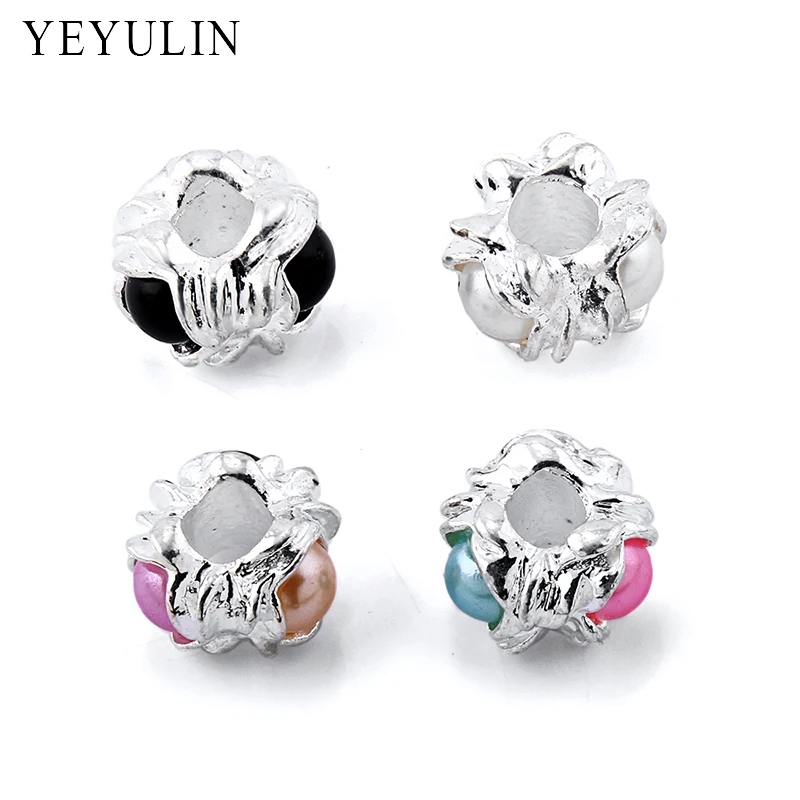 

Unique Modeling Design Big Hole Beads Bright Silver Tone Inlay Colorful Beads Fit Jewelry Charm Bracelet Finding 10pcs