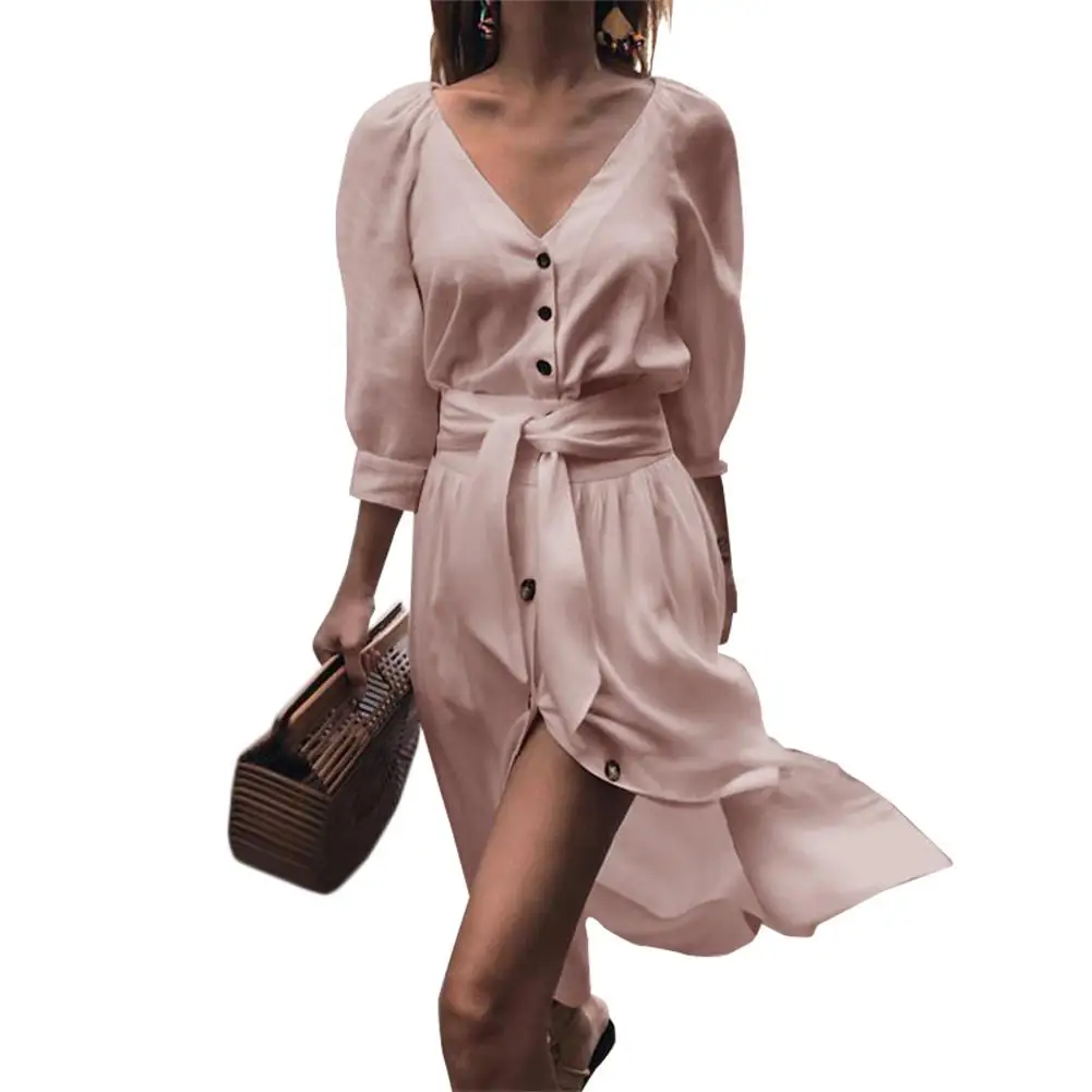 

England Style Autumn And Winter Wrist Solid Knee-Length Empire V-Neck Straps 3/4 Sleeve Dress Women's Clothing With Button