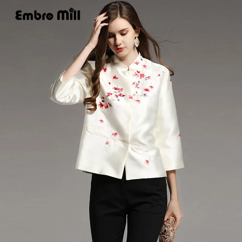 Women tops autumn royal embroidered vintage floral short