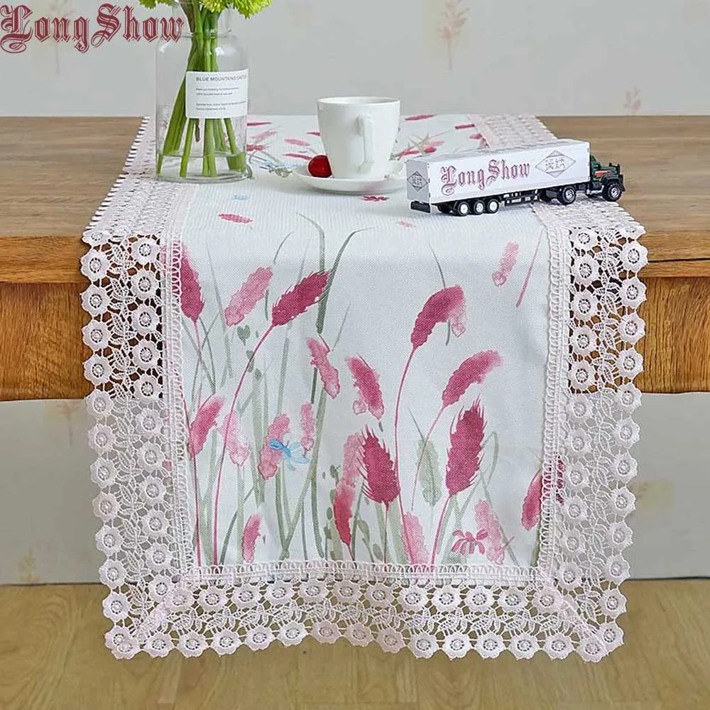 

Luxury Floral Handemade Silk Linen Cloth Lace Border Decorative Pink Lavender Table Runner