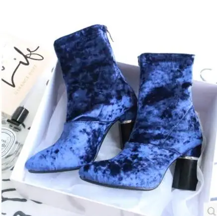 Royal Blue Velvet Short Booties Women High Heels Pointed Toe Back Zipper Ankle Boots Chunky Heel Botines Motorcycle Boots