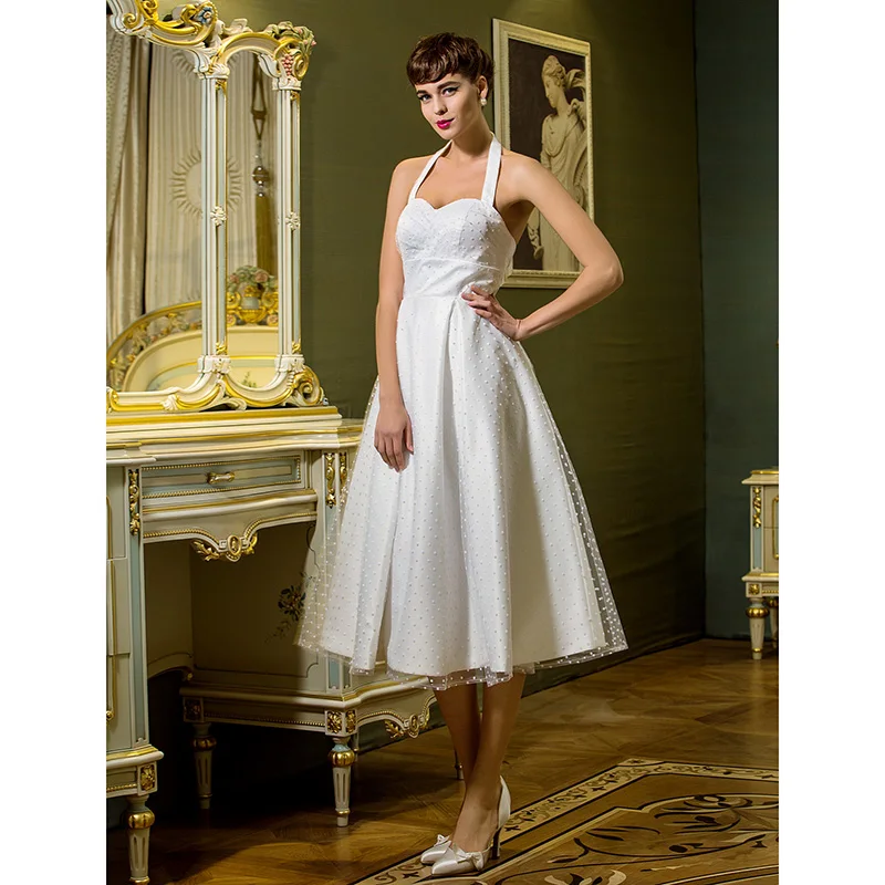 LAN TING BRIDE A Line Princess Wedding Dress Halter Tea Length Tulle