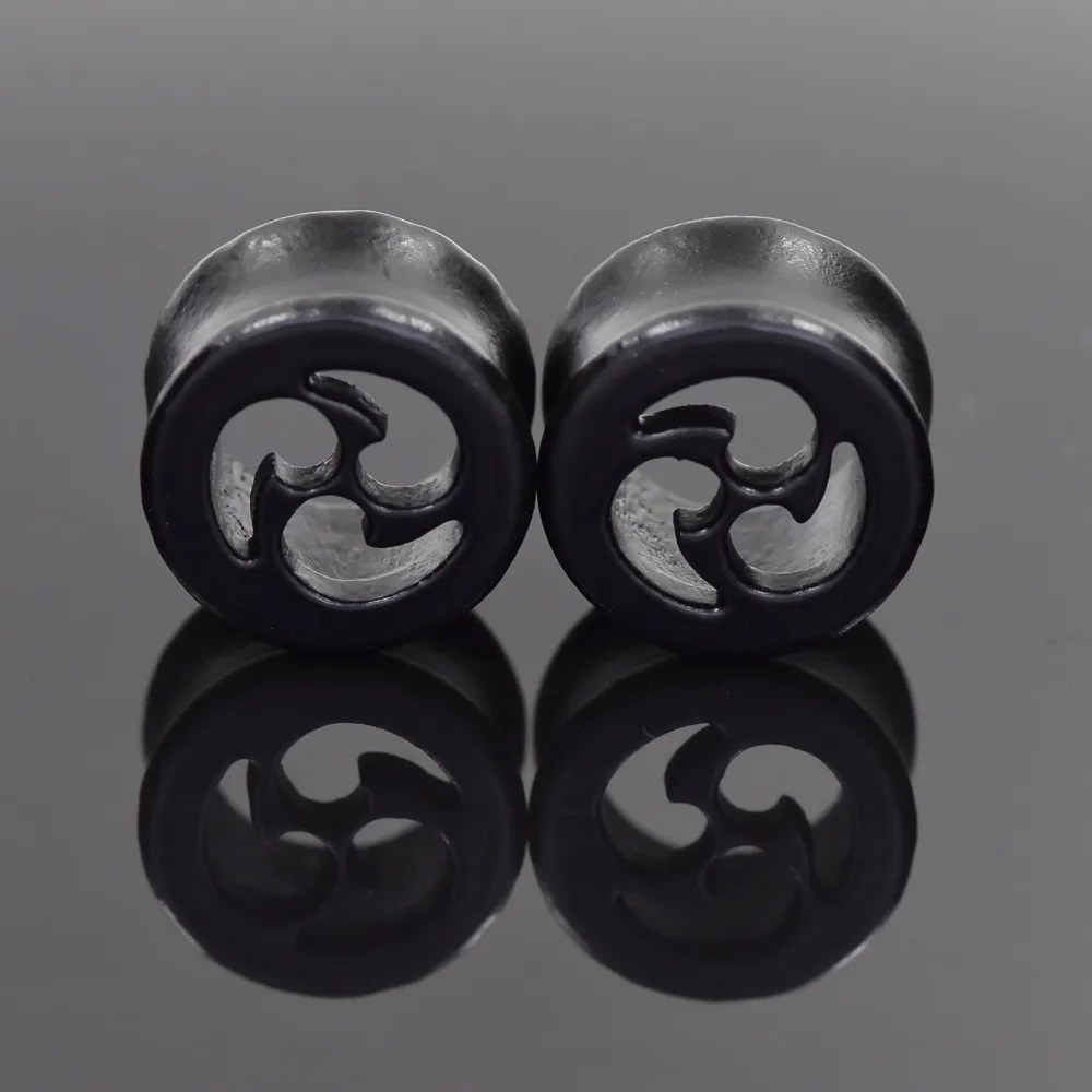 Ear Expanders 1 Pair Black Wood Windmill Pattern Hollow Tunnel Plugs 10