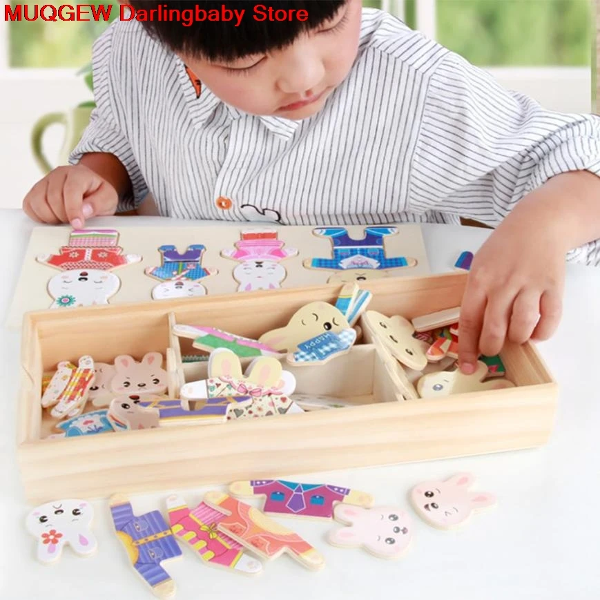 

Cartoon 4 Rabbit Bear Dress Changing Jigsaw Puzzle Wooden Learning Education Craft Toys Fun Funny Gadgets Toys Kid Birthday Gift
