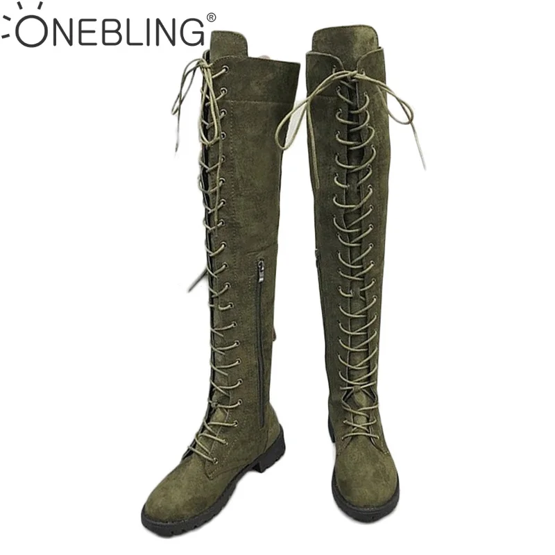 

ONE BLING Sexy Lace Up Over Knee Boots Women Boots Flats Shoes Square Heel Rubber Flock Boots Winter Thigh High Boots 35-42