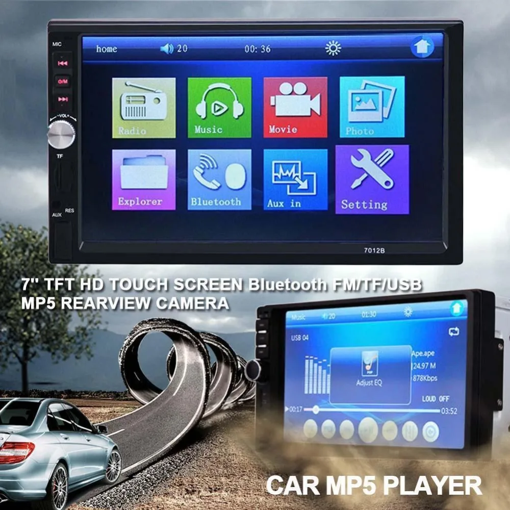 

7012B 7" Double Din Touch Screen Car Audio Stereo Receiver MP5 Player FM Radio Bluetooth MP3 Player Support TF Camera Optional
