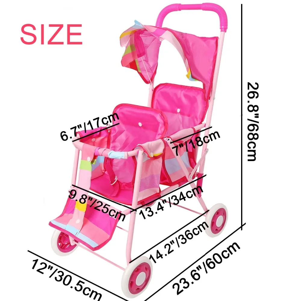 Игрушечная мебель для ролевых игр, складная коляска-троллейбус для кукол, розовая Складная двойная коляска для кукол с поворотными колесами(3699