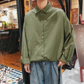 

2018 Men's Fashion Youth Solid Color Coats Long Sleeves Green/black/Beige Color French Cuff Brand High-quality Shirts M-2XL