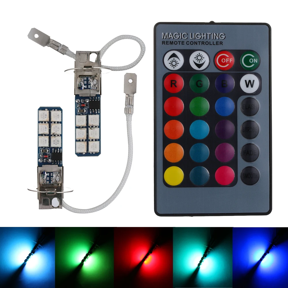 2 шт. Автомобильные светодиодные лампы H3 5050 RGB 12SMD|Передние LED-фары для авто| |